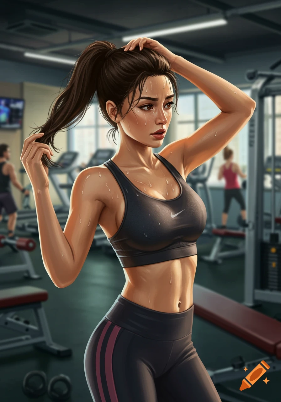 An illustration of a sweaty woman with a ponytail fixing her hair in a gym.