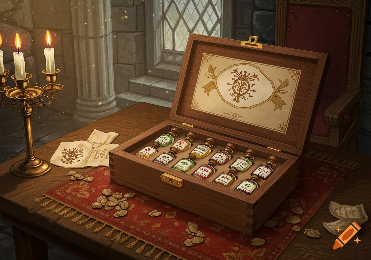 A fantasy art image of a wooden box filled with twelve perfume vials on a table in a castle chamber, lit by candles.