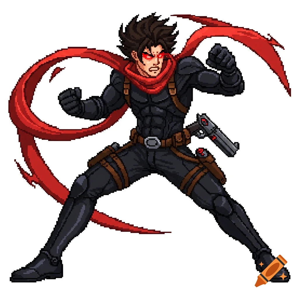2D pixel art of a futuristic warrior with red glowing eyes and a flowing red scarf, wearing a black combat suit, in a dynamic stance.