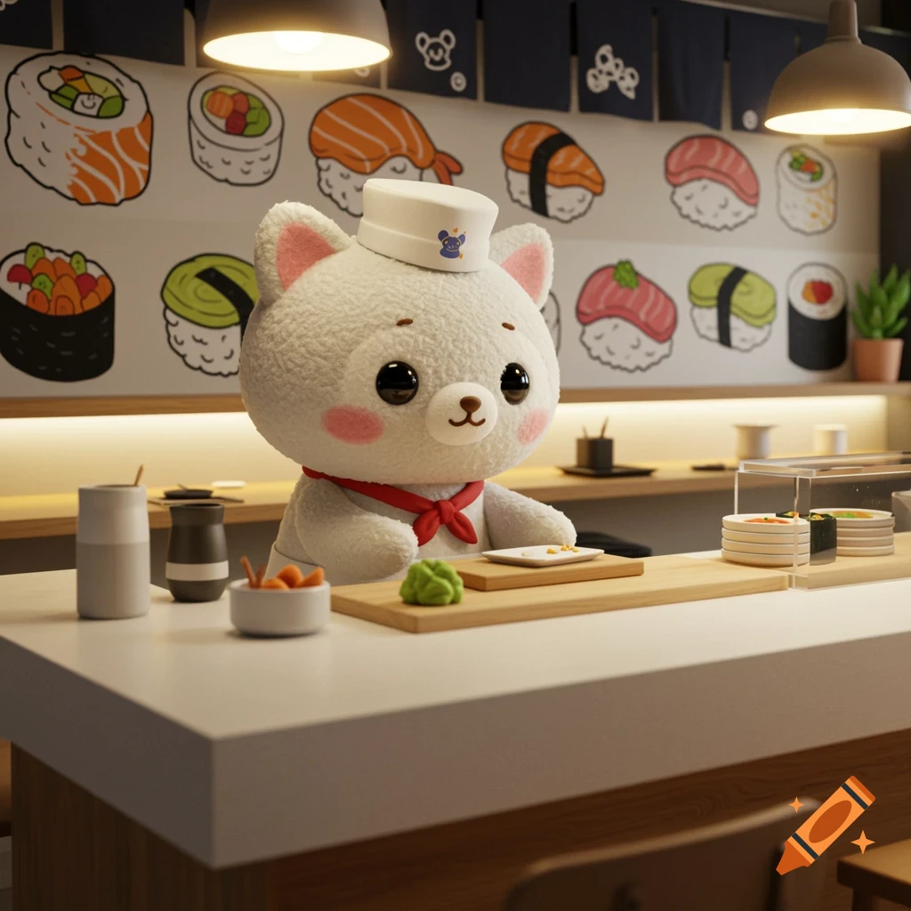 Cute white plush bear chef at a modern sushi bar with cartoon sushi drawings.