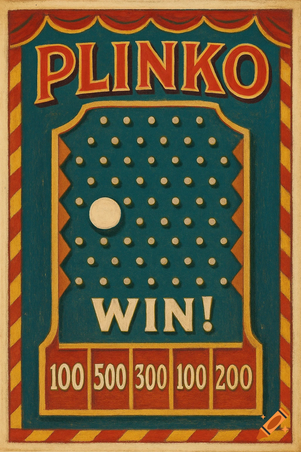 Vintage Plinko carnival game poster with a teal board, white ball, and score slots.