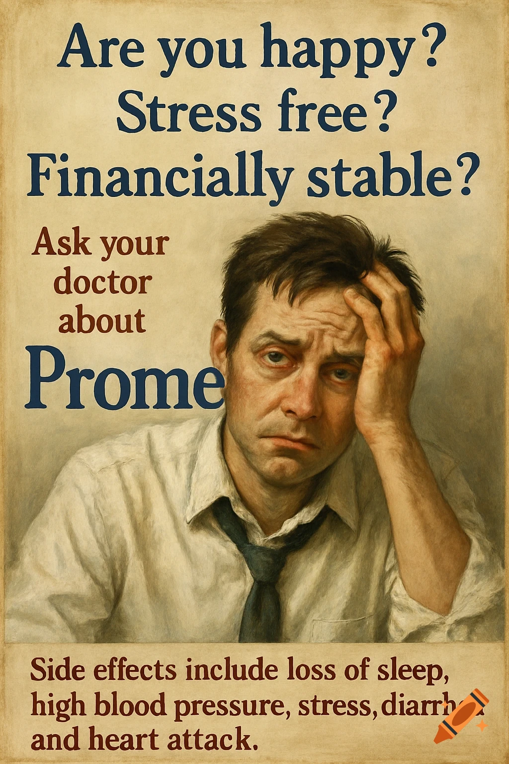 A vintage-style medical advertisement poster featuring a distressed man with text promoting 'Prome' and listing severe side effects.