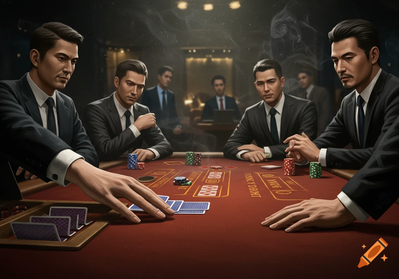 Men in suits playing cards at a red poker table in a smoky casino.