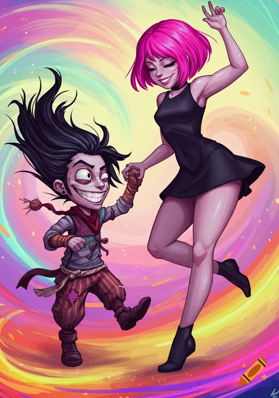 A short, wild-haired cartoon boy dances with a tall, pink-haired woman against a vibrant rainbow swirl background in a digital art style.
