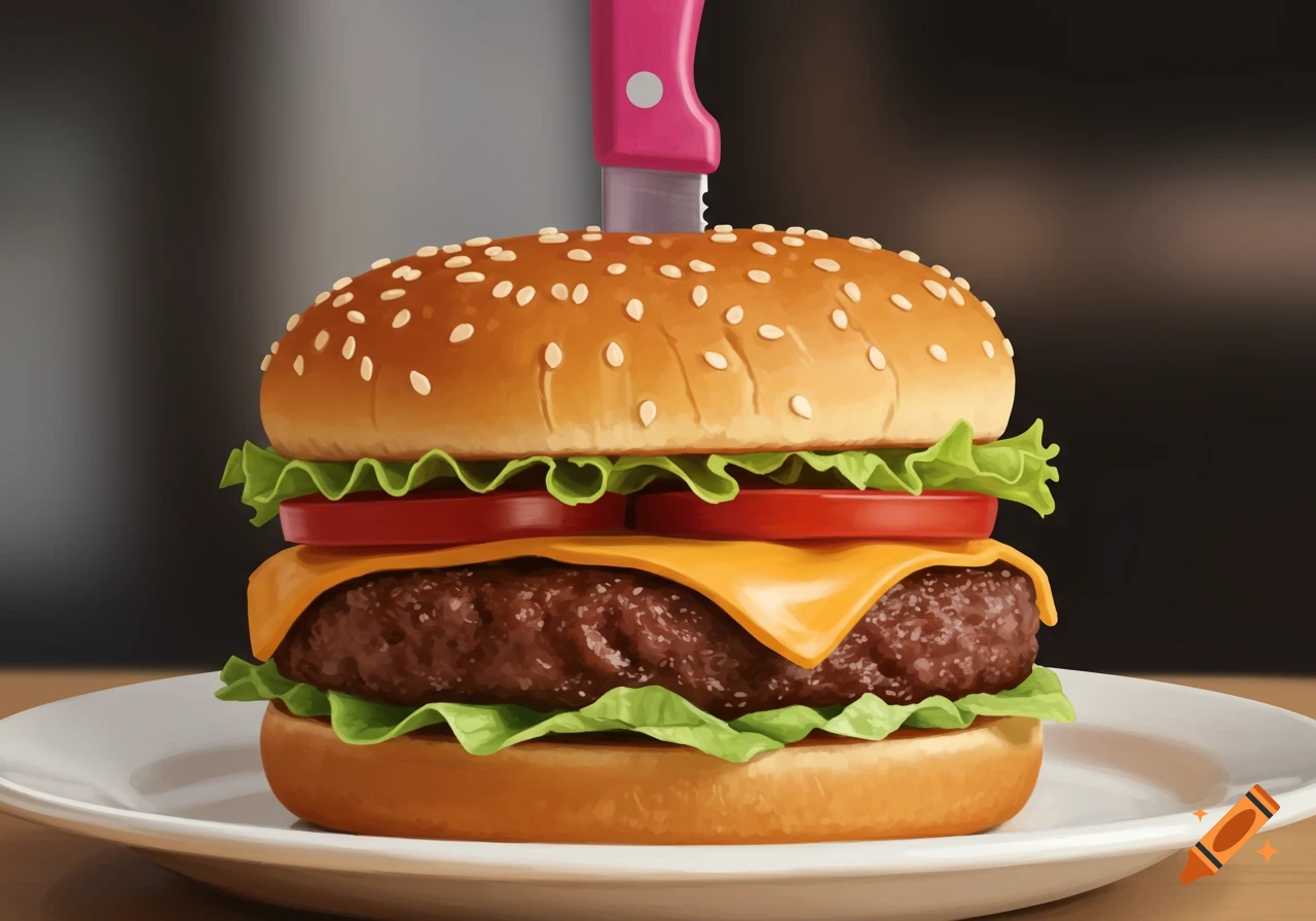 A close-up of a perfectly stacked burger with cheese, lettuce, and tomato, pierced by a pink knife, resting on a white plate.