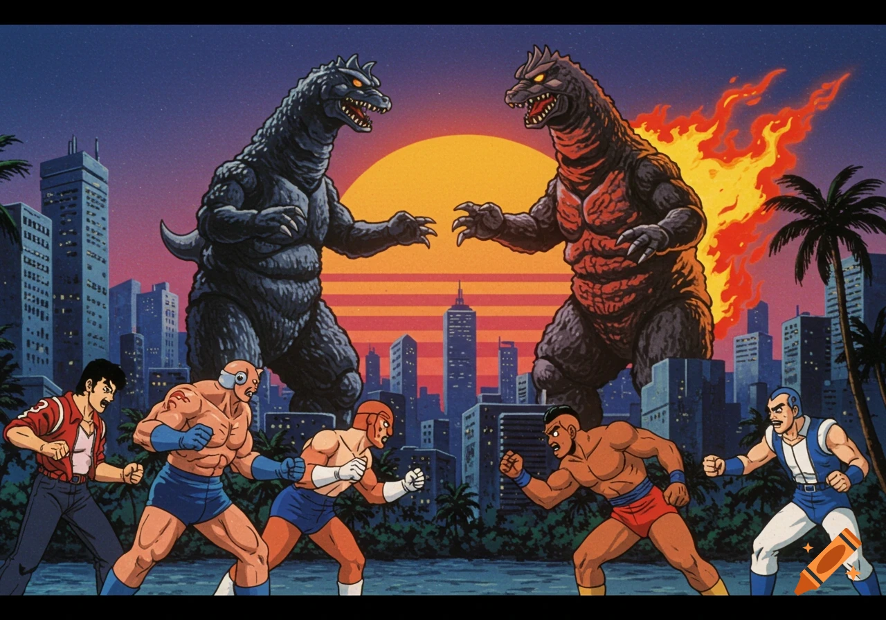 A retro anime scene of two giant monsters confronting each other above a city, with human fighters in wrestling gear battling below, set against a sunset.
