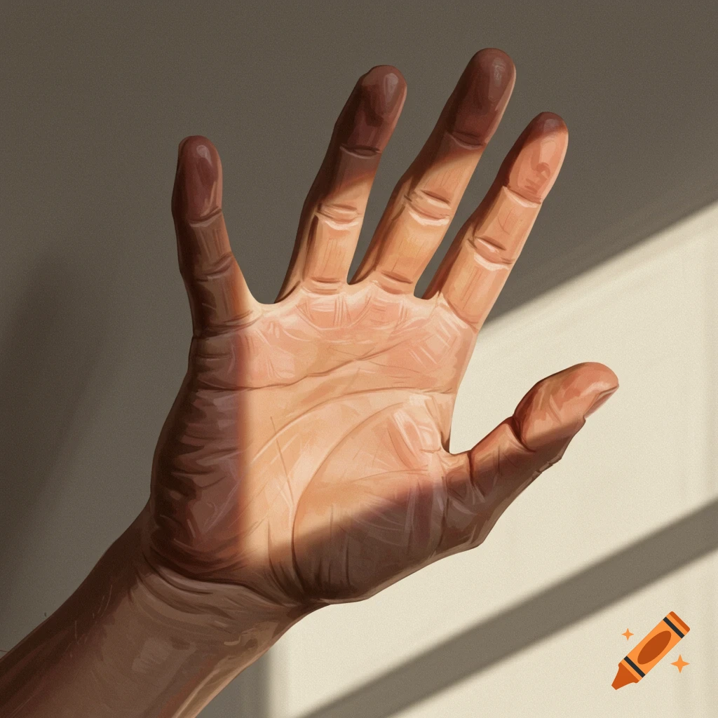 A digital painting of a human hand, palm open, with strong light casting shadows across it.
