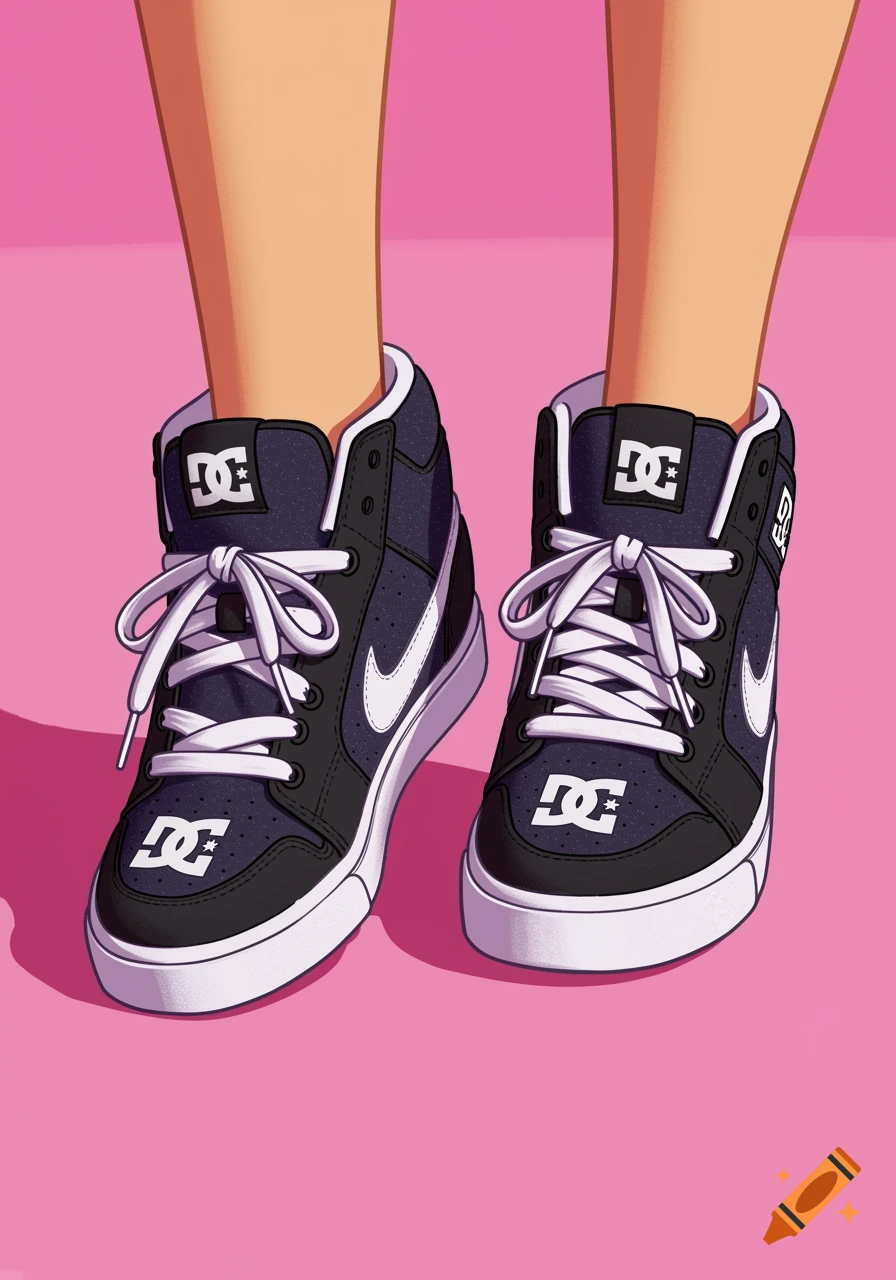 Close-up illustration of two feet wearing black high-top sneakers with white laces on a pink background.