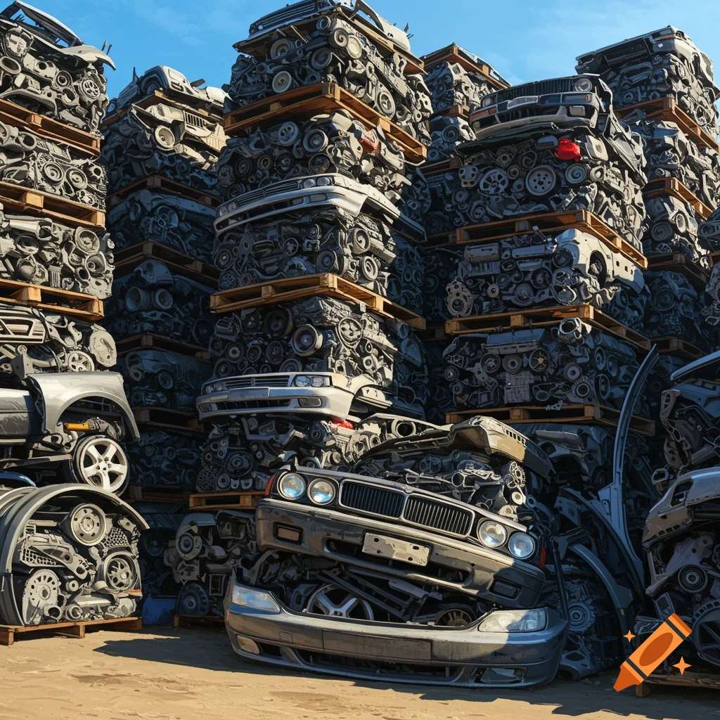 Photorealistic image of towering piles of car parts and vehicle remnants stacked high in a junkyard under a blue sky.