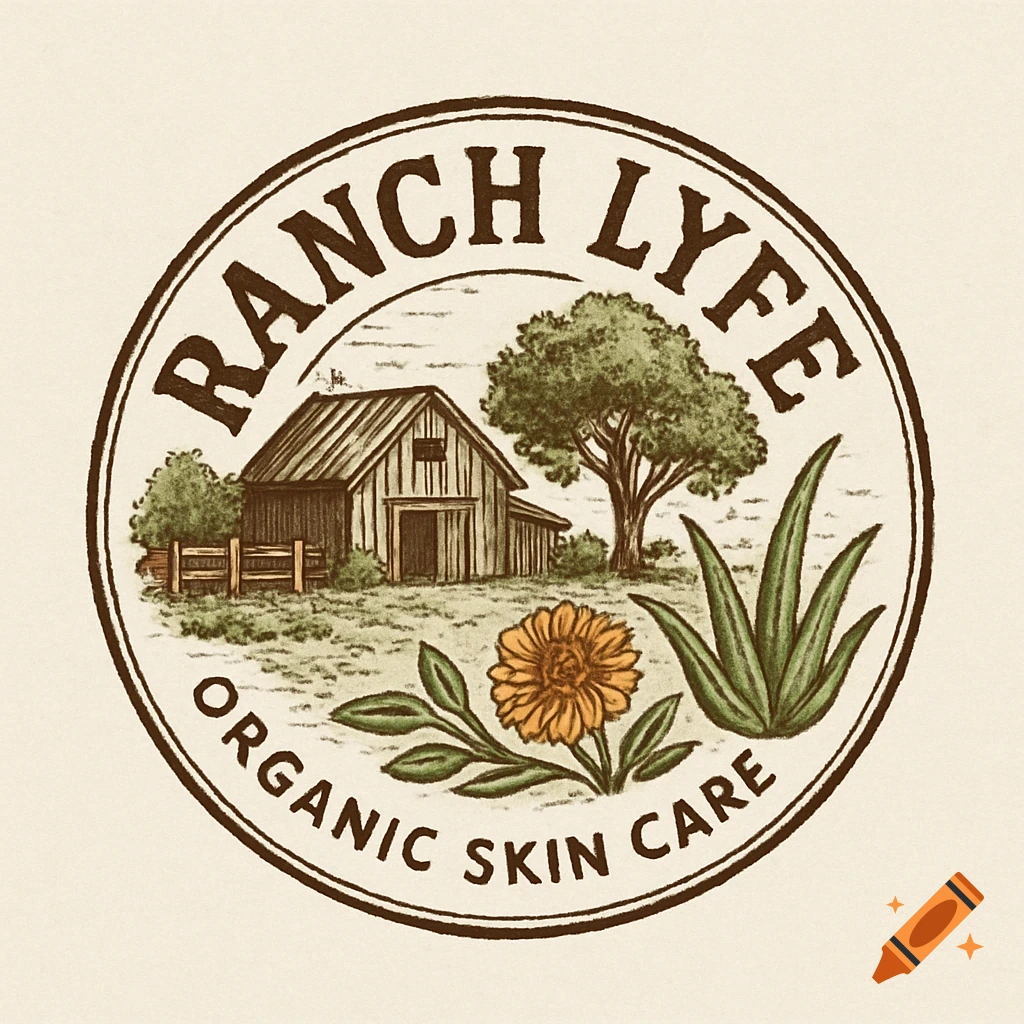 A circular, vintage-style logo featuring a barn, a large tree, an orange flower, and aloe plants, with text "RANCH LYFE ORGANIC SKIN CARE".