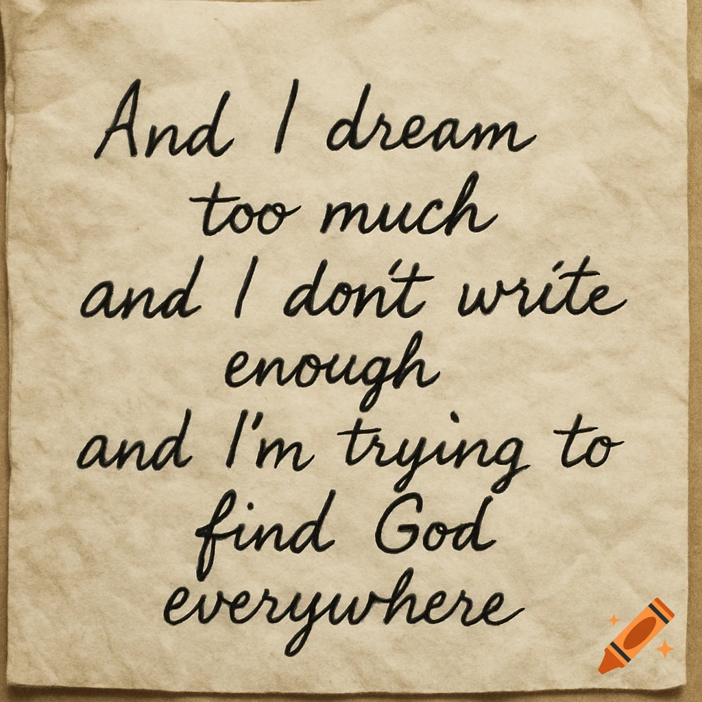 A handwritten quote on crumpled brown paper that reads, 'And I dream too much and I don't write enough and I'm trying to find God everywhere.'