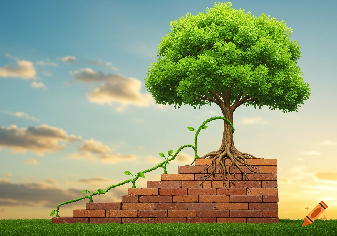 A vibrant green tree with exposed roots sits atop a brick foundation, while a green vine climbs up brick steps towards the tree.