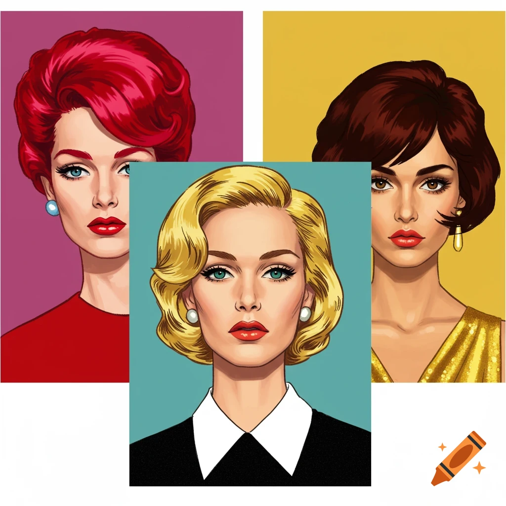 Three pop art style portraits of women with colorful backgrounds, overlapping each other.