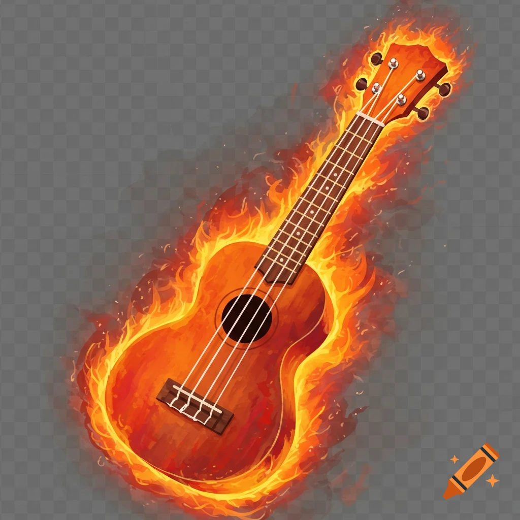 An abstract, large ukulele engulfed in flames against a transparent background.