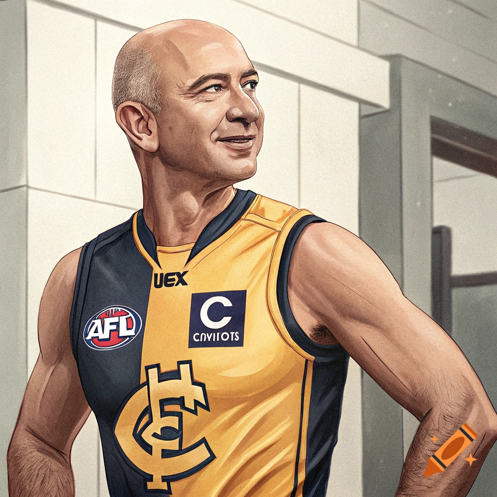 Stylized illustration of Jeff Bezos wearing a blue and gold Australian Rules Football jersey, looking buff and smiling.