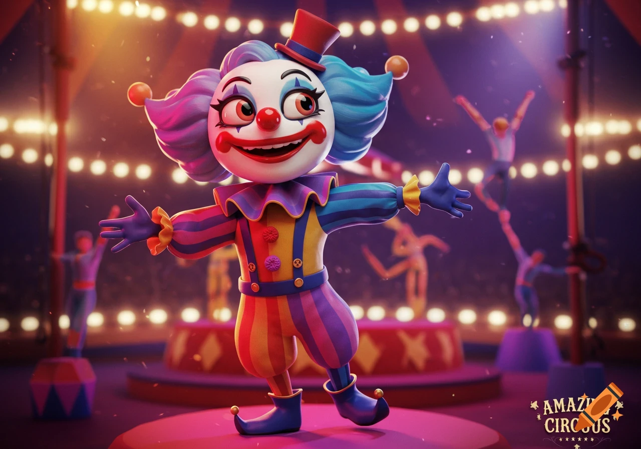 A colorful 3D cartoon clown with red nose and big smile, wearing a striped costume and top hat, stands on a stage in a circus tent with lights and blurred acrobats in the background.