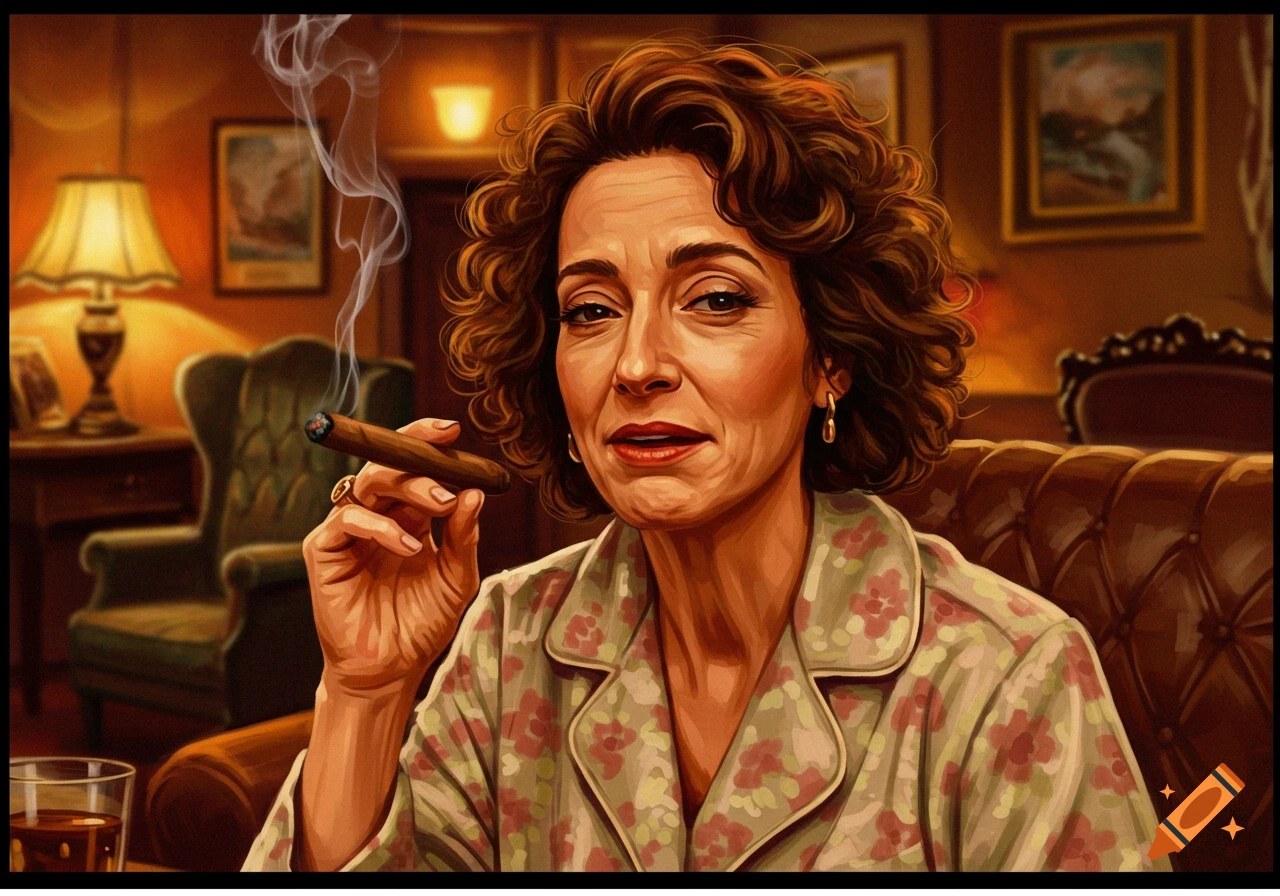 A stylized portrait of a woman with curly brown hair, wearing a floral shirt, sitting indoors and smoking a cigar.