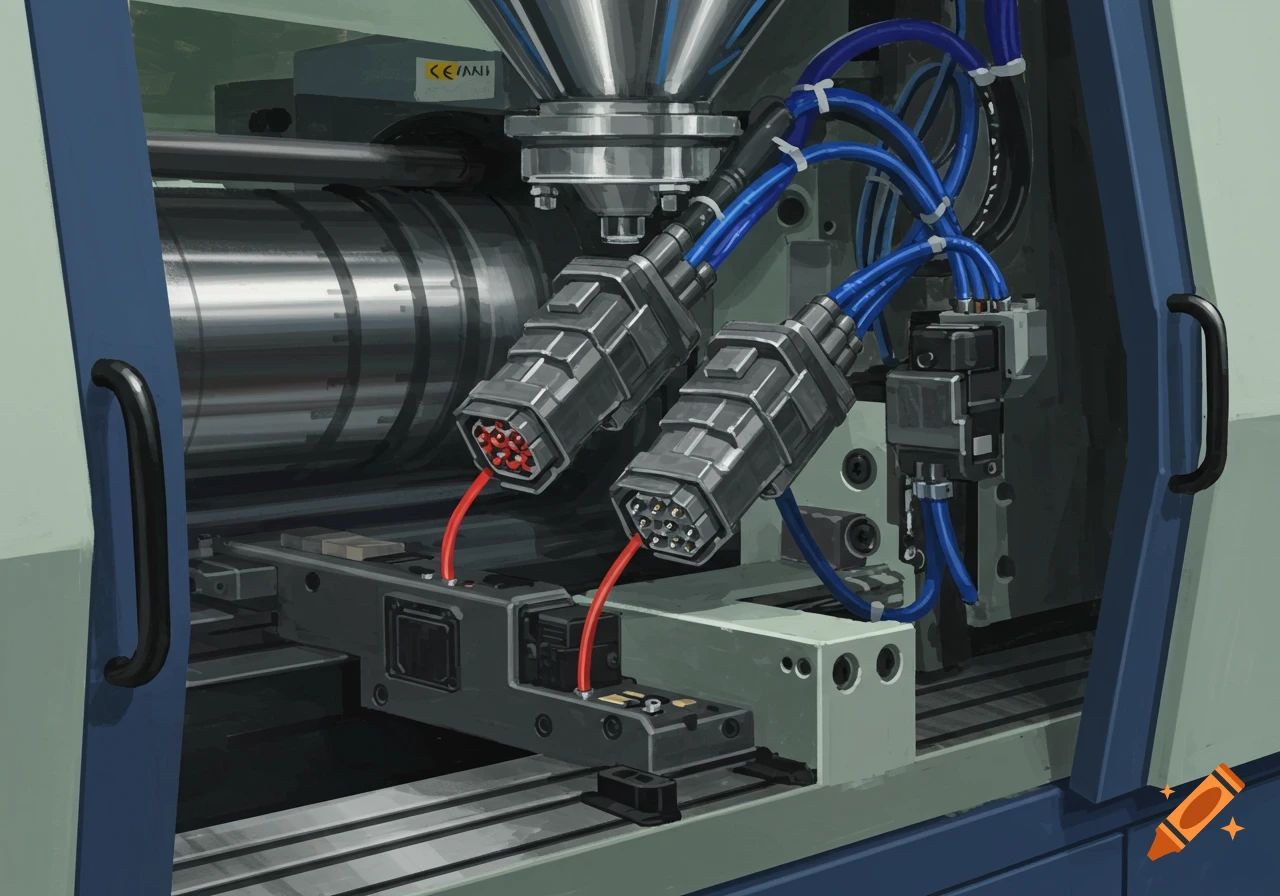 Close-up of the internal components of an injection molding machine, featuring heavy-duty connectors, blue hoses, and red wires.