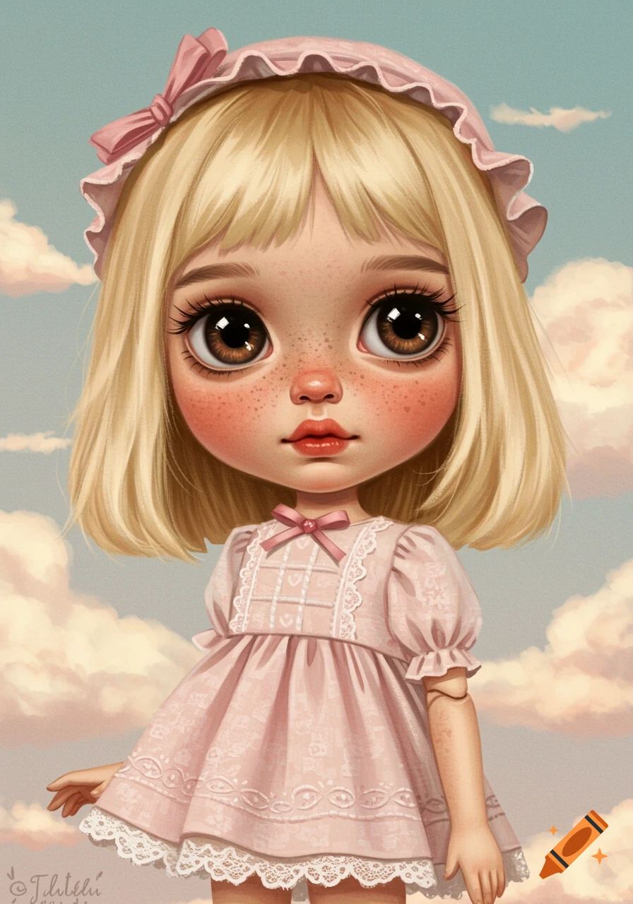 A blonde doll with large brown eyes and freckles wears a pink dress and bonnet, standing against a cloudy sky in a stylized illustration.