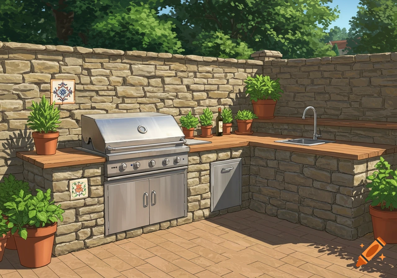 An outdoor kitchen features a large stainless steel grill, wooden countertops, and a sink built into a stone wall, with potted plants and trees in a sunny patio.