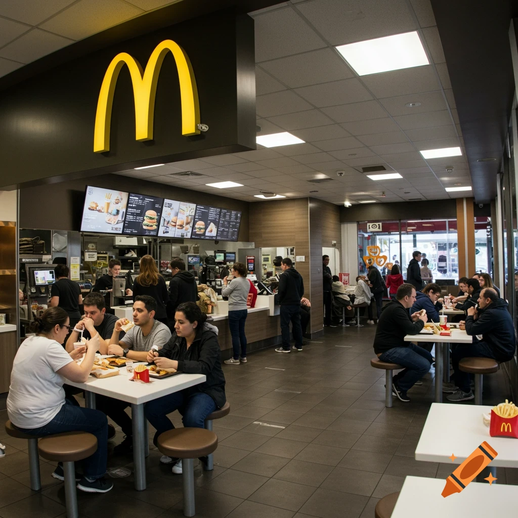 Interior of a McDonald's restaurant with customers eating at tables and staff behind the counter.