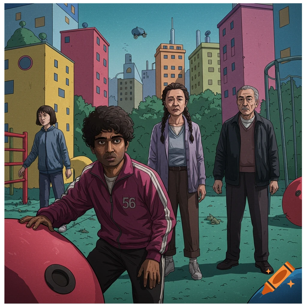 Four people, including a man in a pink tracksuit with '56', in a colorful stylized urban playground setting, inspired by Squid Game.