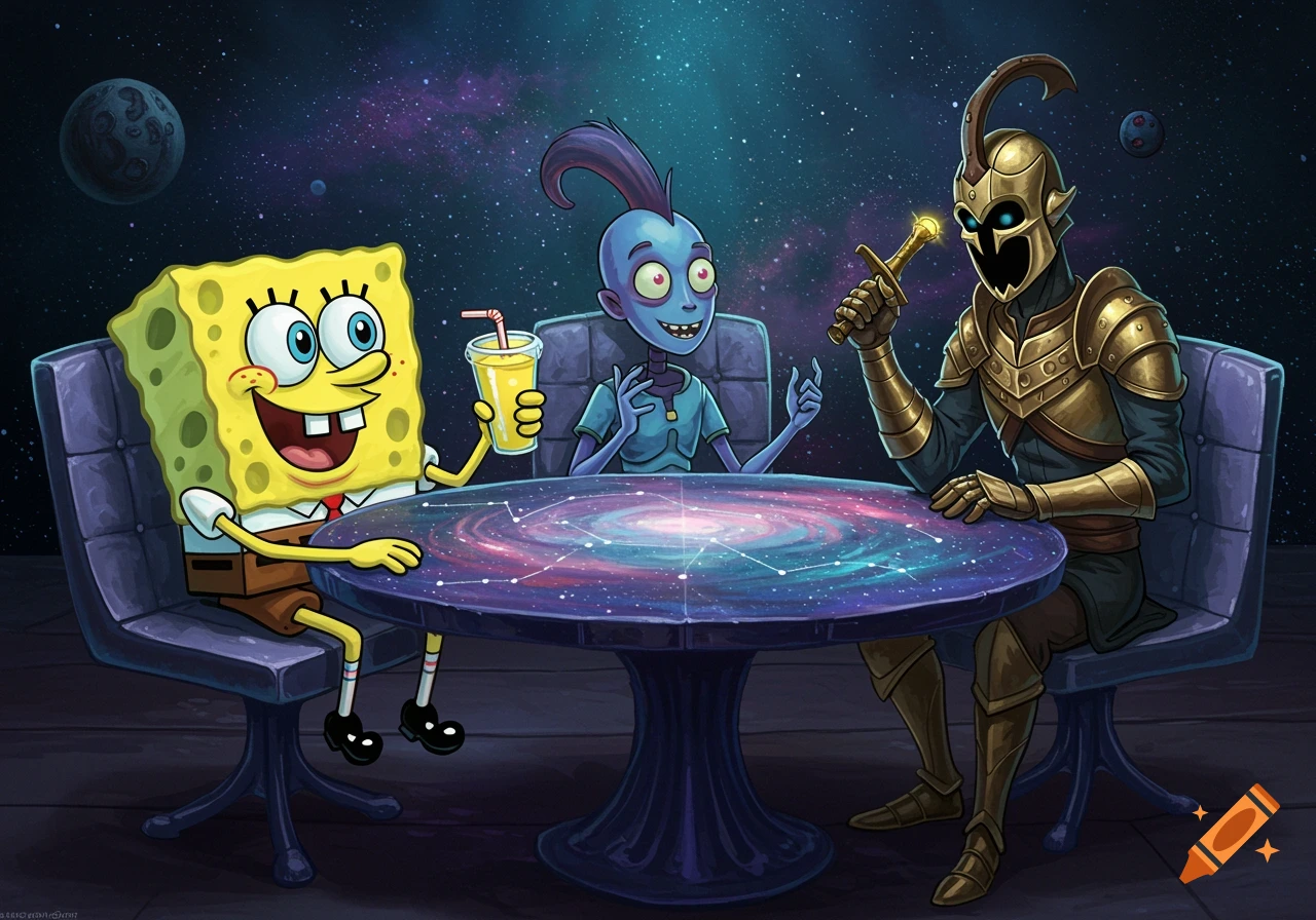Spongebob, Skeet, and an armored character sit around a galaxy-patterned table in space.