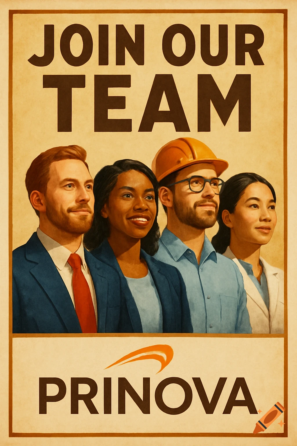 Vintage-style recruitment poster with 'JOIN OUR TEAM' and 'PRINOVA' text, featuring four diverse professionals.