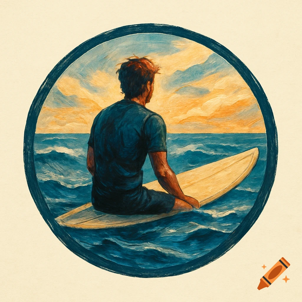 Illustrated logo of a surfer on a surfboard in the ocean, watching waves under a sunset sky.