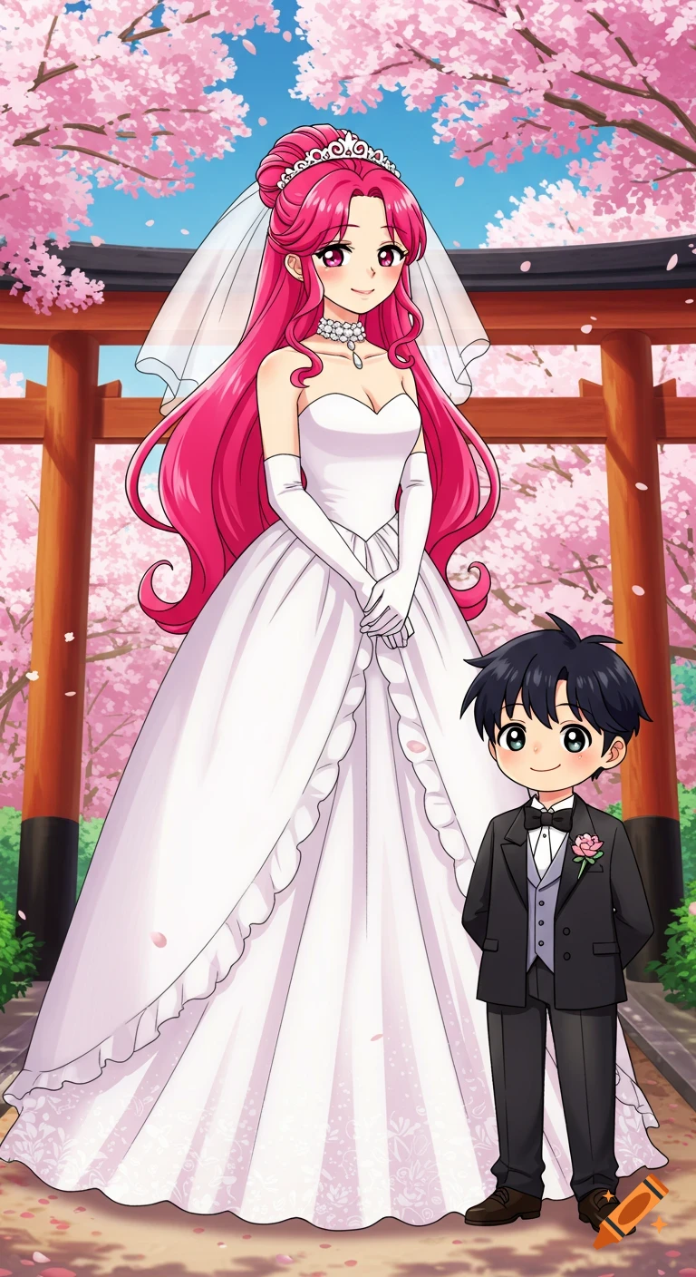 Anime bride with pink hair and a young boy in a suit stand under cherry blossoms near a torii gate.