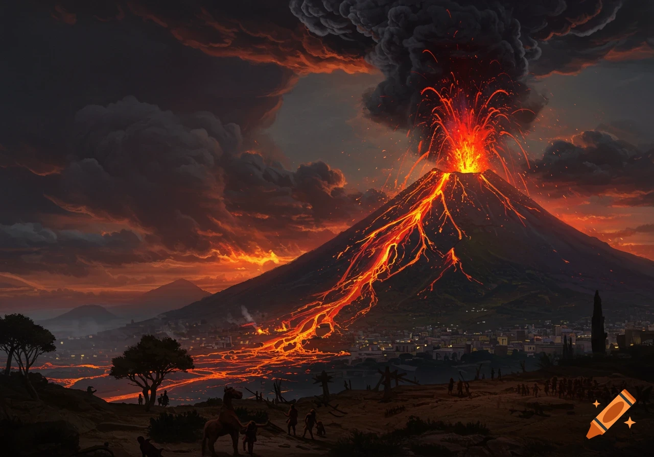 A dramatic painting of a volcano erupting, spewing fiery lava down its slopes and a massive ash cloud into the dark sky, overlooking a city.