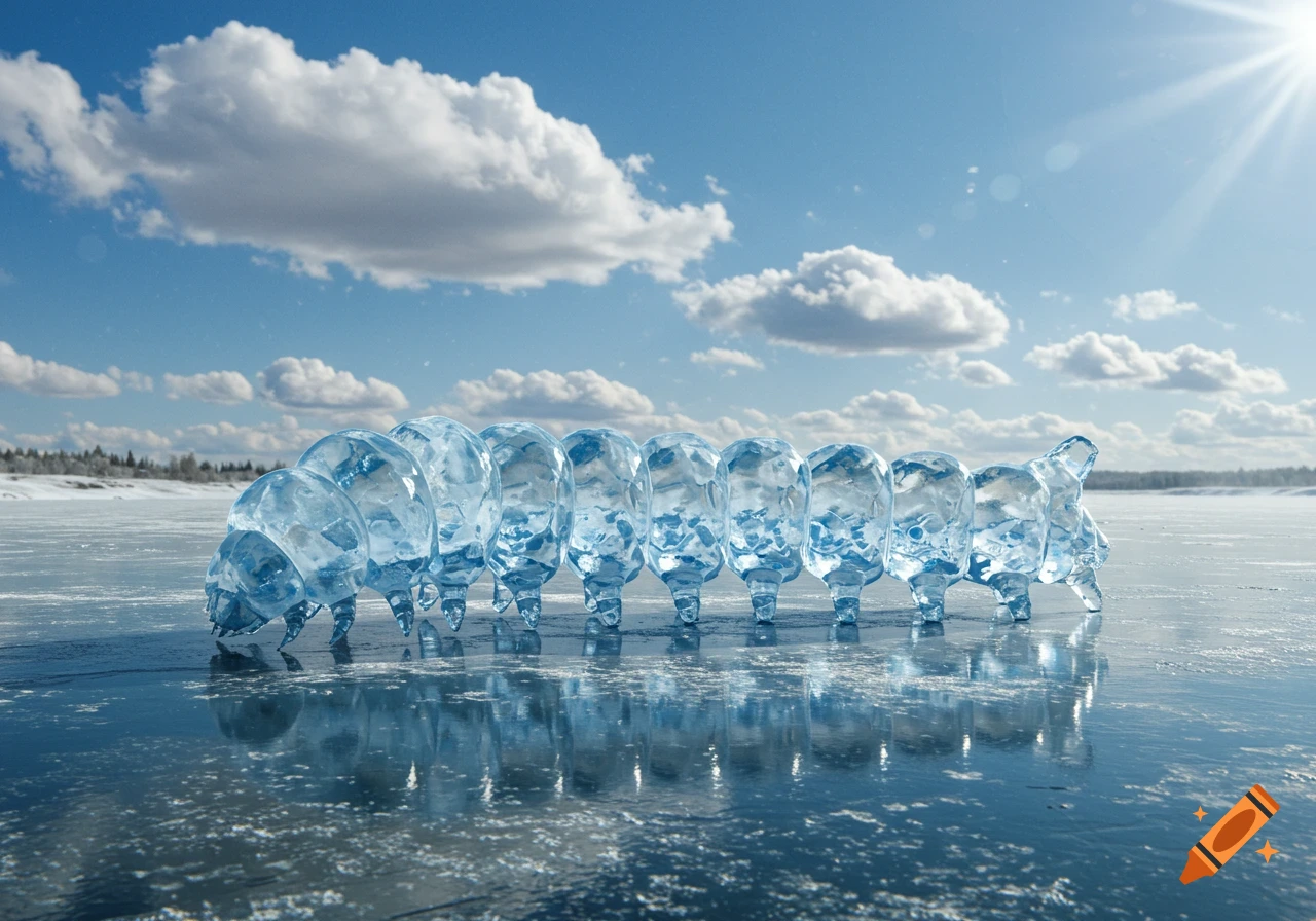 A segmented ice caterpillar stands on a reflective frozen lake under a bright blue sky with clouds.