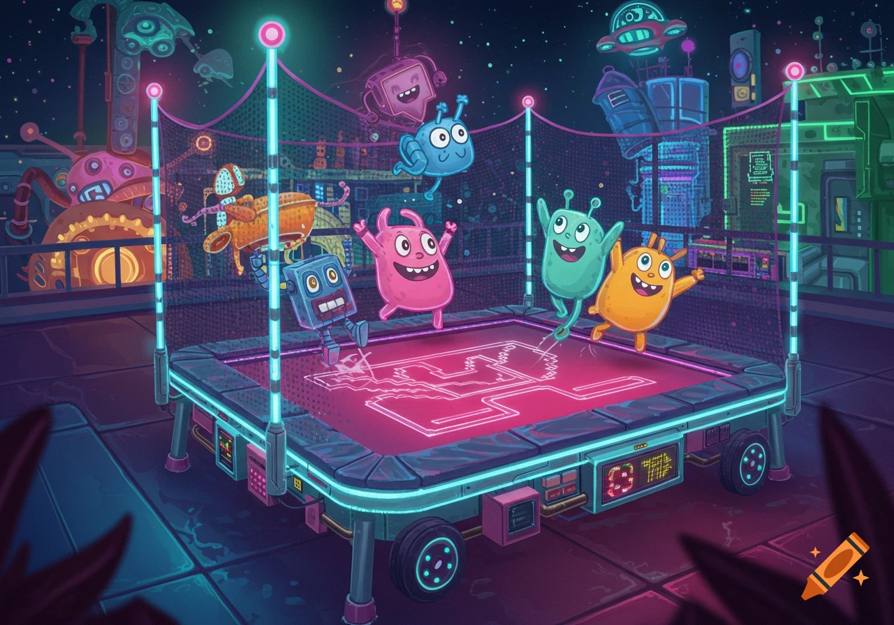 Colorful cartoon monsters and a robot happily jump on a glowing neon trampoline in a futuristic, neon-lit cityscape at night.