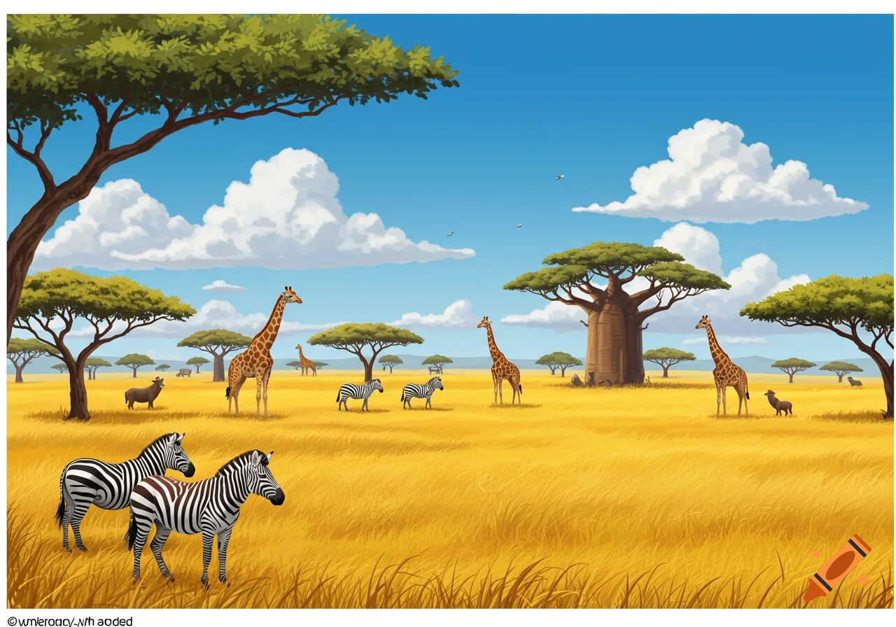 Vibrant cartoon safari scene with giraffes, zebras, and warthogs in a golden savanna with acacia and baobab trees under a blue sky.