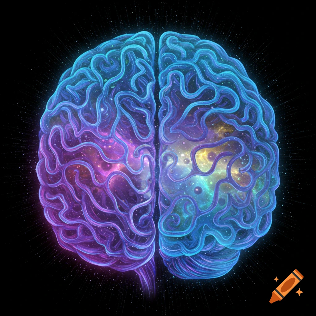 A stylized human brain split down the middle, with each hemisphere glowing with vibrant purple, blue, and yellow cosmic nebula patterns against a dark background.