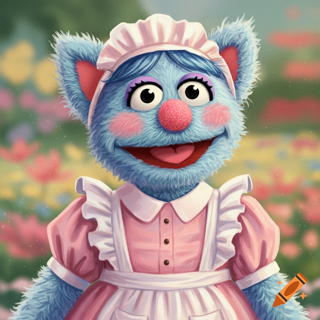 A bright illustration of a blue fluffy Muppet character dressed as a maid, smiling in a colorful flower garden.