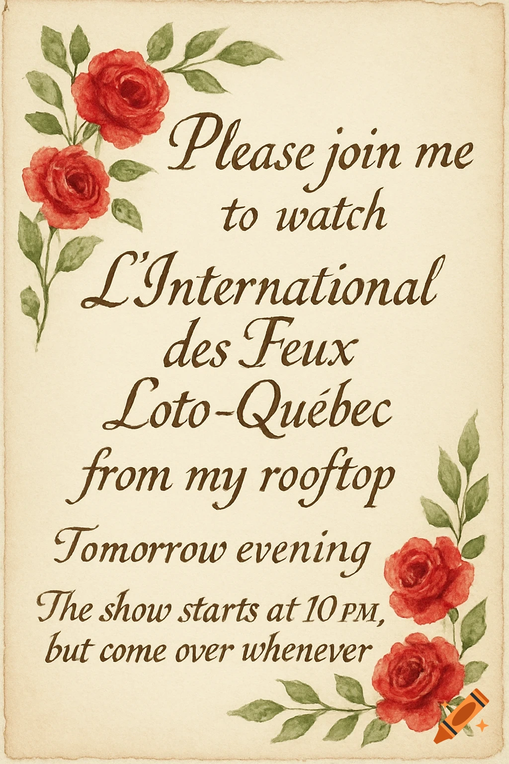 A watercolor invitation card with red roses and green leaves in the corners, featuring handwritten text inviting someone to watch L'International des Feux Loto-Québec from a rooftop.