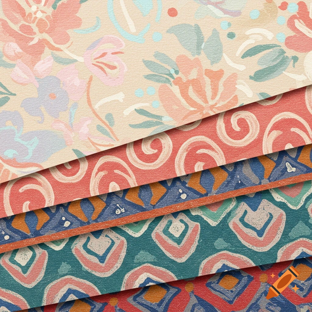 Abstract layered textile patterns in various colors, appearing as stacked fabric swatches or paper sheets.