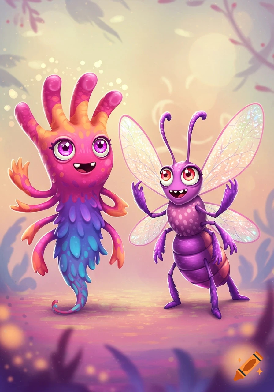 Two brightly colored, smiling cartoon monsters, one hand-shaped and one bug-like, stand in a whimsical, pastel landscape.