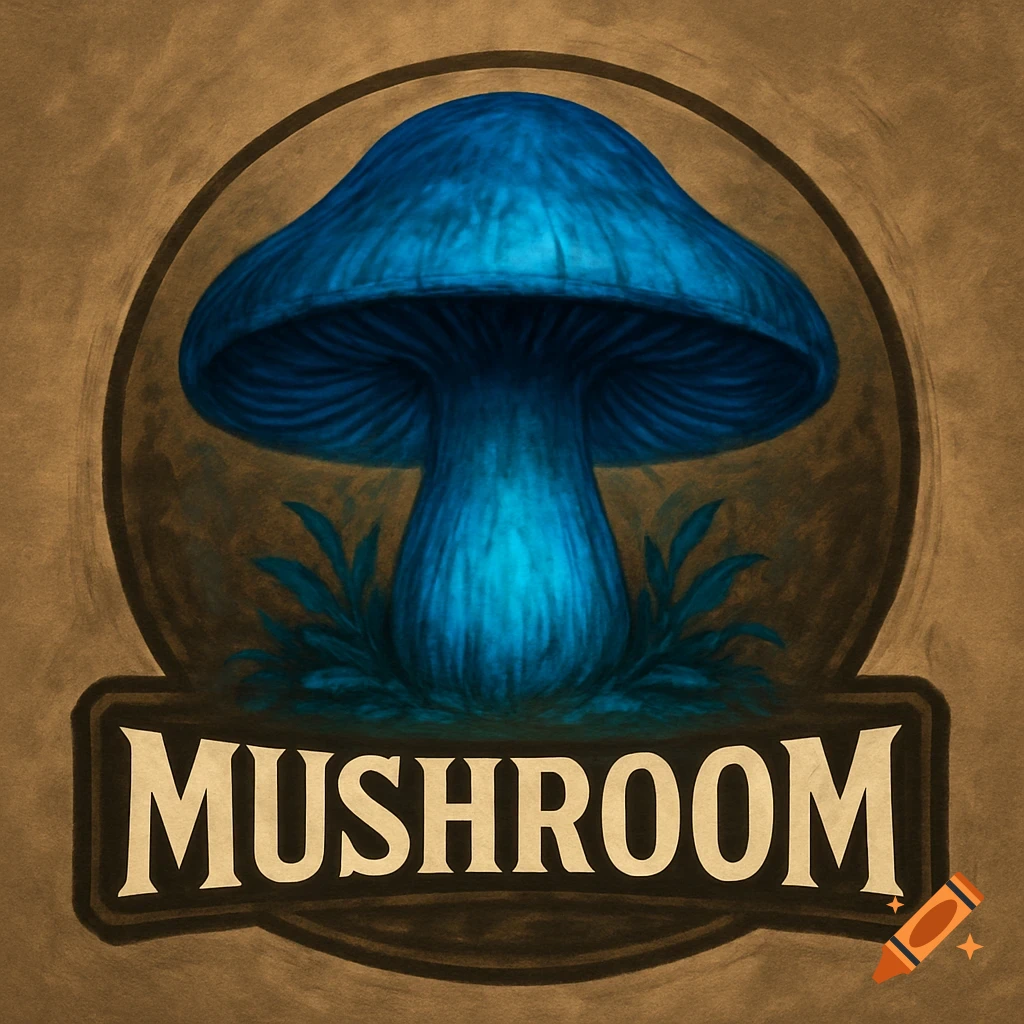 A stylized logo of a glowing blue mushroom with green leaves inside a dark circle, above the word 'MUSHROOM' on a banner.