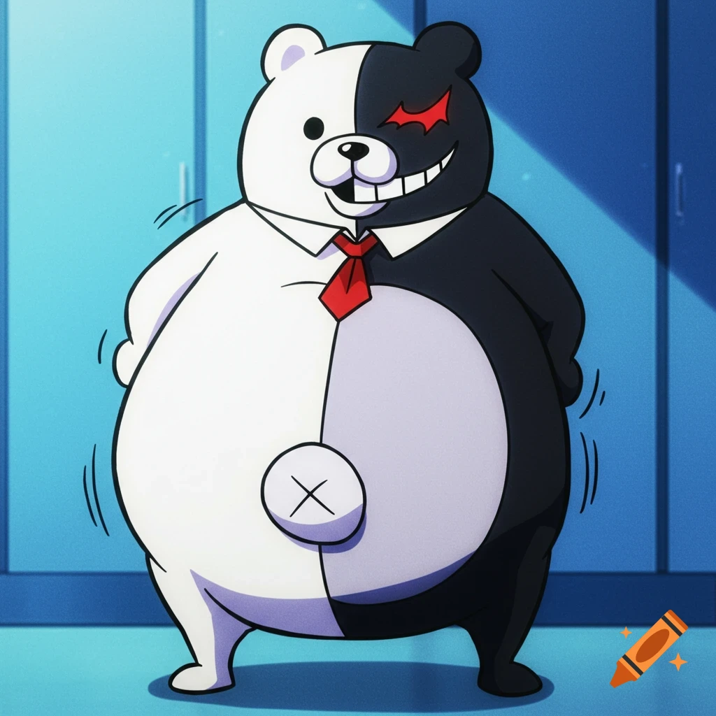 A half-white, half-black bear character, Monokuma, stands with a large distended belly in an anime style.