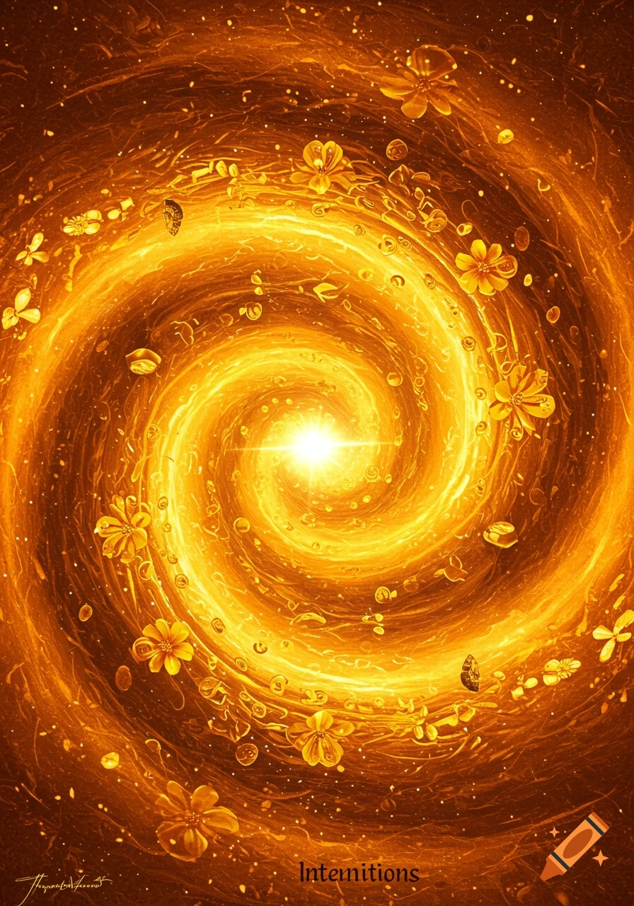A vibrant golden spiral vortex with a bright center, surrounded by glowing flowers and sparkling particles.