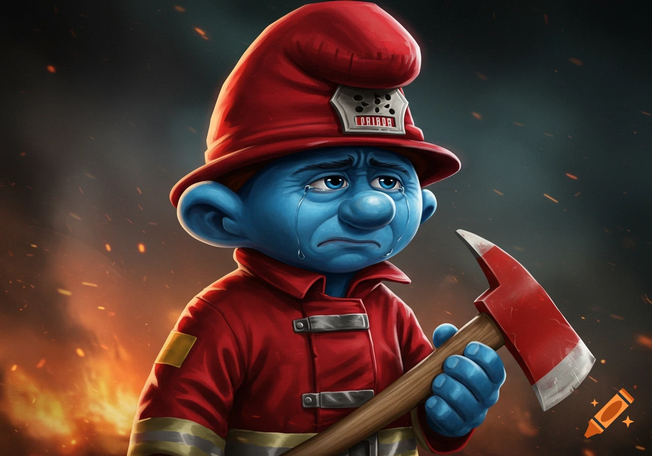 A sad blue Smurf-like character in a red firefighter uniform holds an axe, crying, with fire in the background.