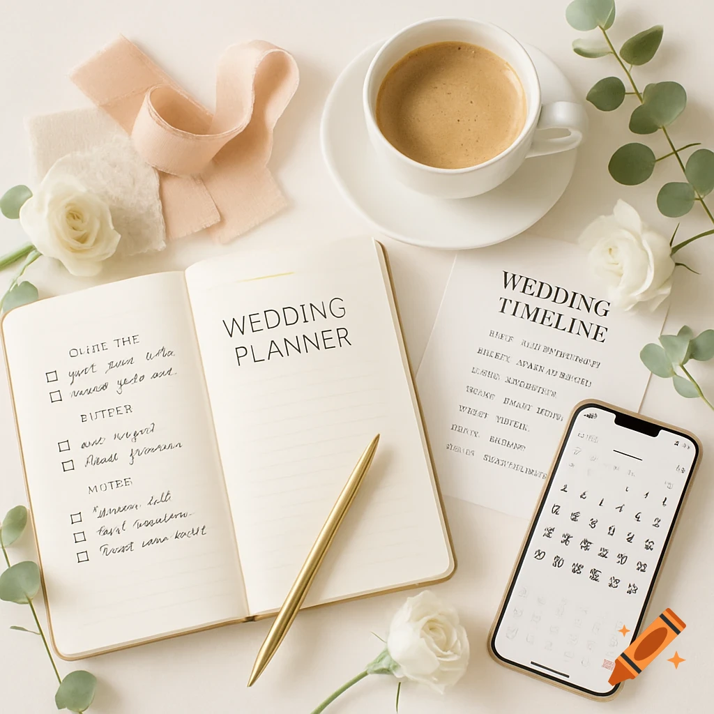 A flat lay of wedding planning essentials, including an open planner, a gold pen, a coffee cup, fabric swatches, white roses, eucalyptus, a timeline, and a smartphone with a calendar app.