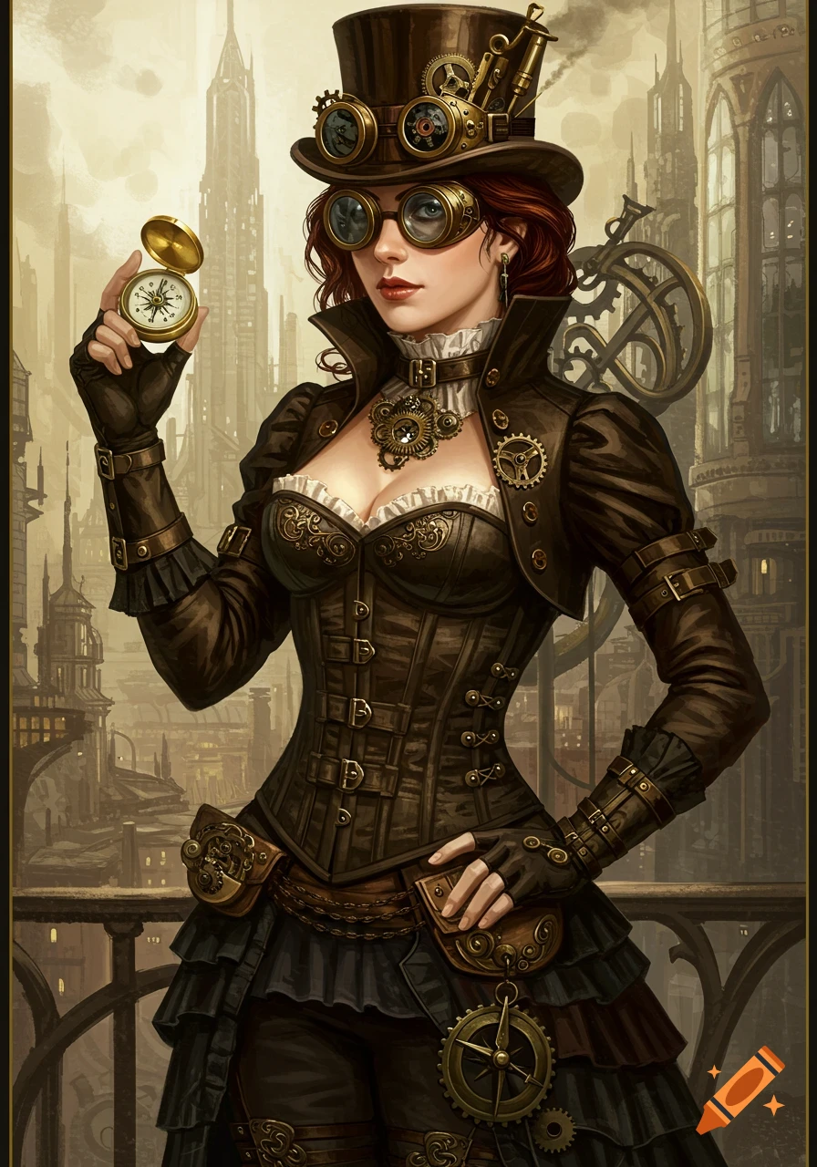 A detailed illustration of a woman in a steampunk outfit, holding a compass, with a city background.
