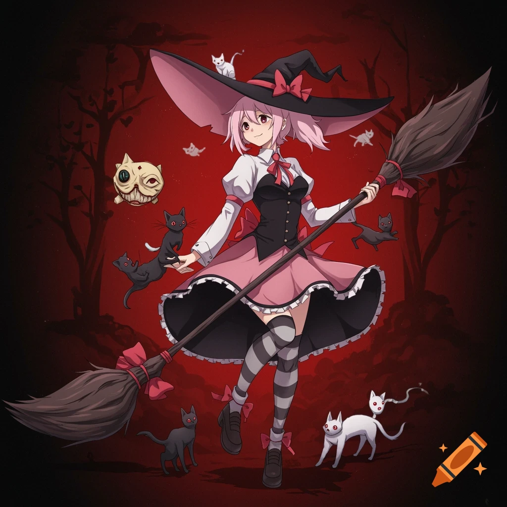 An anime witch with pink hair, wearing a black hat and pink dress, holds a broom while surrounded by various cats and a floating monster head on a dark red background.