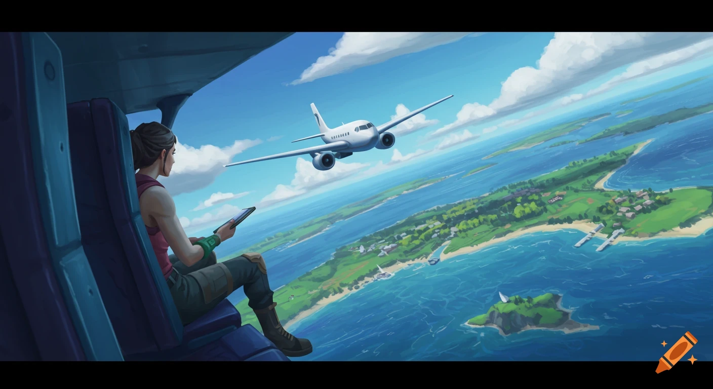 An animated person looks out of a plane window at a scenic aerial view of green islands and blue ocean with another plane flying by.