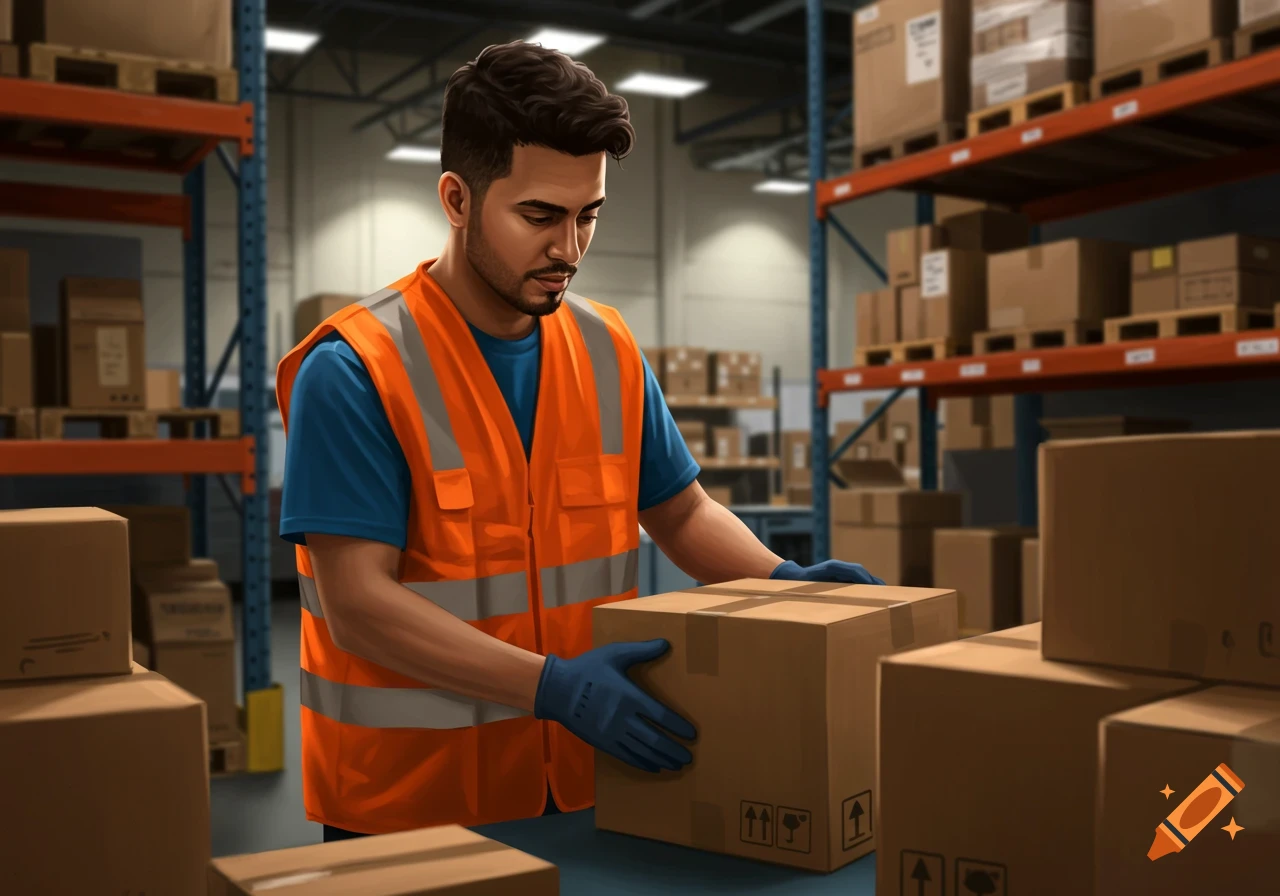 A man in a blue shirt and orange safety vest carefully handles a brown cardboard box in a brightly lit warehouse filled with stacks of packages.