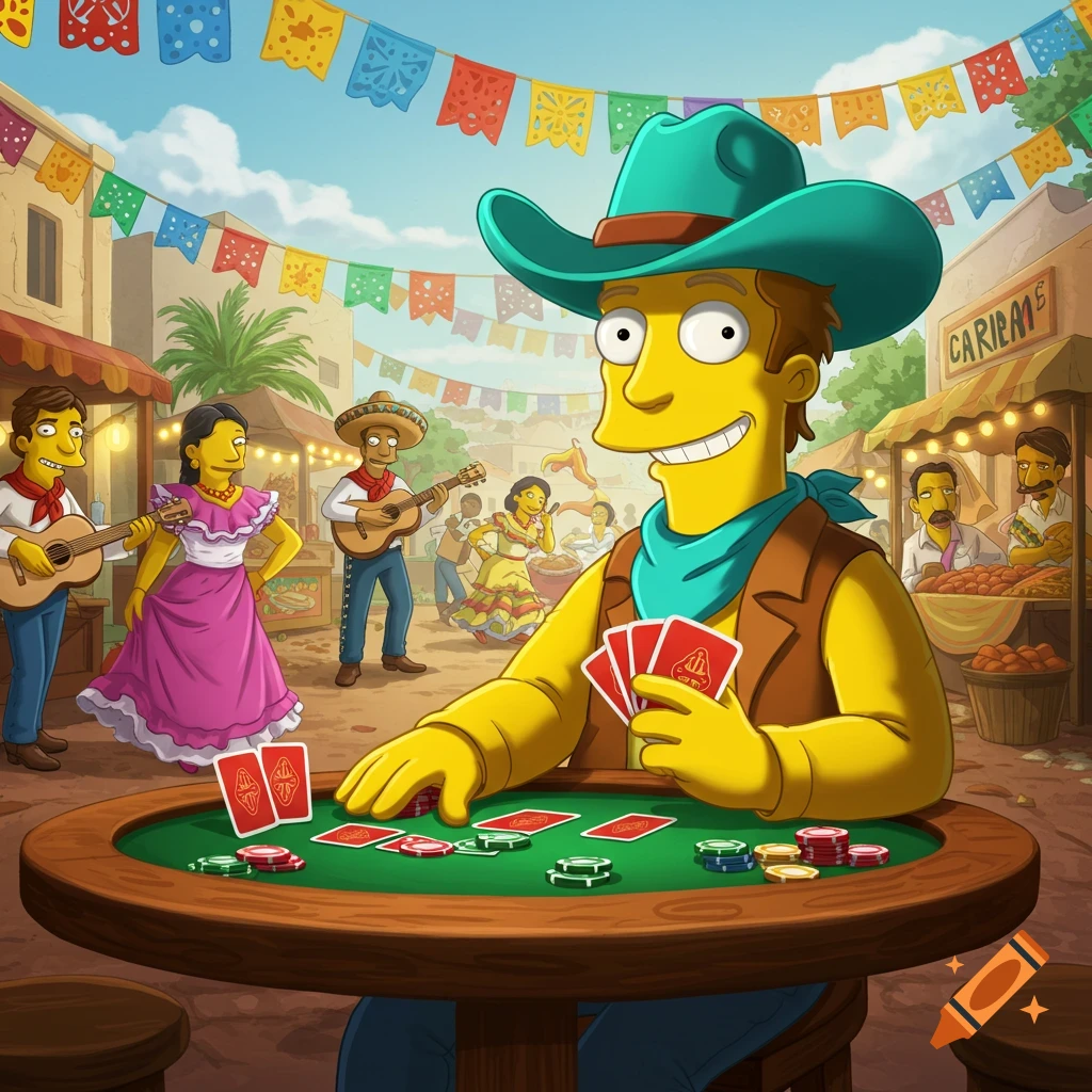 A yellow-skinned cowboy in The Simpsons style plays poker at a vibrant outdoor Latin festival with other yellow-skinned cartoon characters.