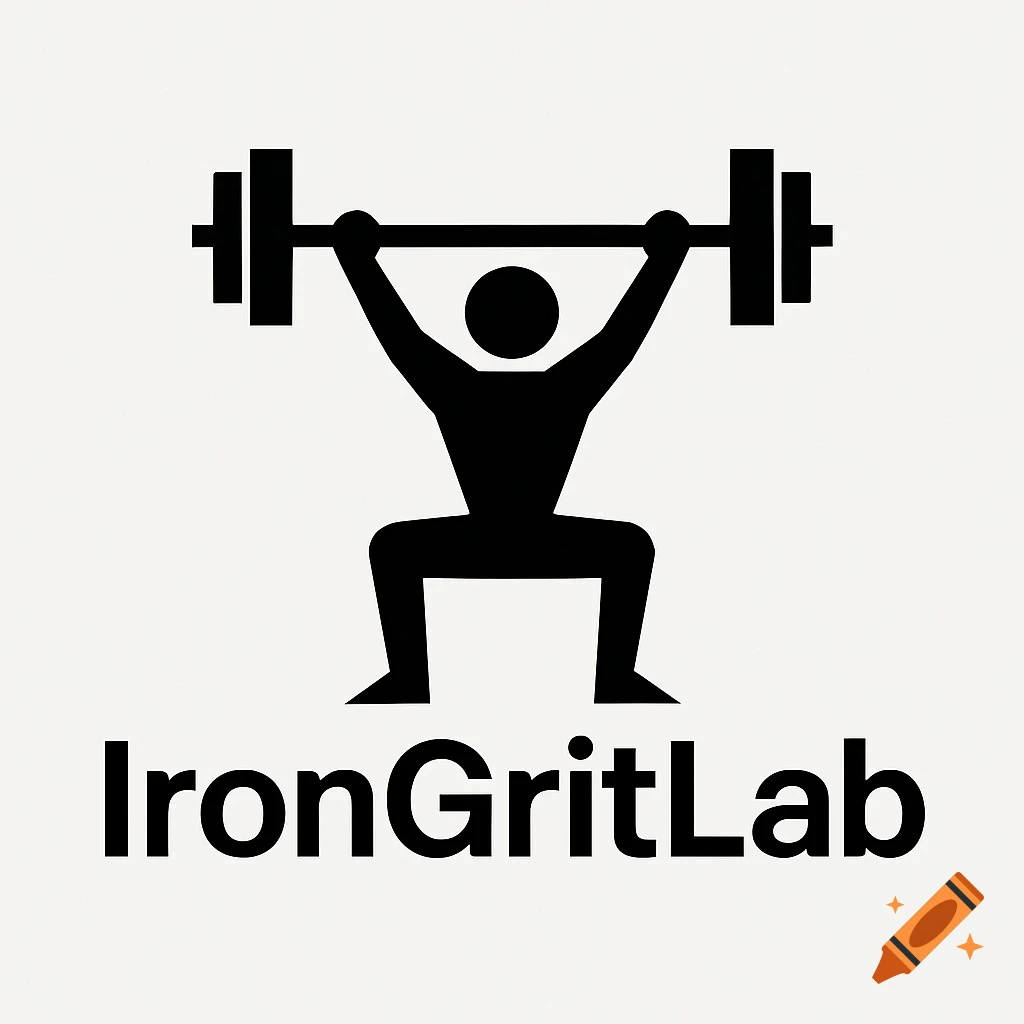 A black silhouette logo of a person doing an overhead squat with a barbell above the text 'IronGritLab' on a light gray background.